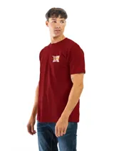 Remera de manga corta y cuello redondo, color bordó, confeccionada en algodón. Presenta un pequeño estampado en el pecho con texto en amarillo y blanco.