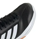 Championes deportivos Adidas Ligra 8 para mujer, diseñados para deportes de cancha cubierta. Presentan un diseño en color negro con las icónicas tres rayas laterales en blanco, confeccionados en una combinación de malla transpirable y cuero sintético con punta reforzada Adituff. Incluyen mediasuela amortiguada y suela de goma para un agarre óptimo en superficies indoor.