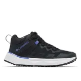 Championes de senderismo Columbia Facet 75 Mid Outdry, color negro con detalles en azul. Diseño de corte medio con tecnología impermeable OutDry, sistema de ajuste Navic Fit, amortiguación TechLite Plush y suela Adapt Trax para tracción superior.