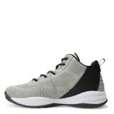 Championes de básquet de corte medio, color gris con detalles en negro y blanco. Fabricados con materiales sintéticos, con suela de goma y ajuste con cordones.