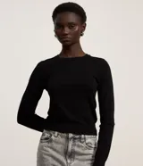 Blusa de manga larga confeccionada en punto negro, con cuello redondo y diseño ajustado.