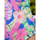 Malla enteriza con estampado tropical de flores y hojas en tonos fucsia, azul y verde. Presenta escote en V, espalda cruzada y diseño de corte cavado.