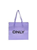Bolso tipo shopper de color violeta, con asas dobles para el hombro y estampa frontal con la palabra "ONLY" en negro.