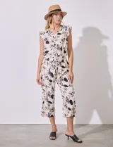 Pantalón capri de lino estampado con flores, marca Hester & Orchard. Tiene pretina ancha elastizada y lazo.