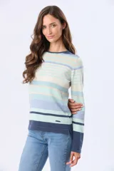 Buzo de tejido fino de algodón con diseño de rayas horizontales en tonos celestes, azules y beige. Presenta cuello redondo, mangas largas y puños en color azul marino.