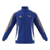 Campera deportiva Adidas Pitch 2 Street Messi, color azul con detalles dorados y blancos. Cuenta con cierre frontal, cuello alto, bolsillos con cremallera y logo de Messi en el pecho.
