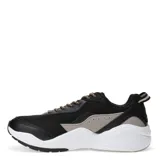 Championes deportivos Topper modelo Circus, con diseño robusto en color negro, detalles en gris y beige, y suela blanca con refuerzo en el talón. Presentan cordones jaspeados y logo de la marca en el lateral.