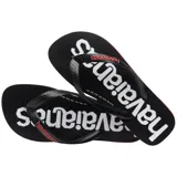 Ojotas Havaianas Top Logomania 2, color negro con logo en blanco y detalles en rojo.