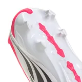 Championes de fútbol Adidas Predator League FG, diseñados para ofrecer precisión y control. Presentan un diseño bicolor en fucsia y blanco con las icónicas tres tiras en negro y detalles en amarillo neón. Incorporan tecnología Nanostrike para mejorar el contacto con el balón.