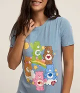 Camisón corto de manga corta, color celeste jaspeado, con estampado frontal de los Ositos Cariñositos.