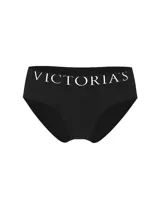 Bombacha hiphugger negra de algodón con cintura elástica ancha con logo de Victoria's Secret en color blanco.