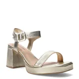 Sandalias de tacón alto Bottero de color dorado metalizado, con tira frontal ancha, plataforma y tira ajustable con hebilla al tobillo.