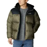 Campera puffer con capucha, diseño bicolor en verde oliva y negro. Cuenta con cierre frontal completo, protector de mentón, bolsillos laterales con cierre y puños elásticos. Incorpora tecnología de aislamiento Thermarator y tejido deperlante al agua.