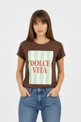 Remera marrón de manga corta con cuello redondo y diseño holgado. Presenta una estampa frontal rectangular con rayas verticales en tonos claros y la frase "Dolce Vita" en color rojo.