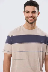 Remera de algodón con diseño de rayas horizontales en tonos azul marino, celeste y líneas finas en verde claro y amarillo pálido. Cuenta con cuello redondo y mangas cortas, con un pequeño bordado en el pecho.