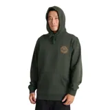 Canguro con capucha y bolsillo frontal tipo canguro, en color verde oscuro. Presenta un pequeño estampado circular en el pecho con diseño gráfico inspirado en viajes y naturaleza.