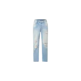Pantalón de mezclilla slim fit de tiro medio, color celeste claro con efecto desgastado, roturas en las rodillas y muslos, y diseño de cinco bolsillos.