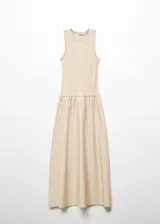 Vestido midi de diseño entallado con cuerpo de tejido de punto acanalado y falda evasé de algodón. Presenta cuello redondo y diseño sin mangas.
