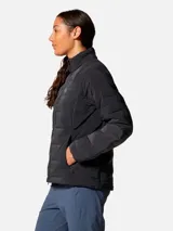 Campera técnica de plumón Mountain Hardwear, modelo Stretchdown, en color negro. Presenta un diseño acolchado con tecnología de tejido elástico, cierre frontal de dos vías, bolsillo en el pecho y bolsillos laterales con cremallera.