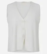 Chaleco Marfinno de corte recto y largo, confeccionado en tricot. Presenta cuello en V, cierre frontal con botones y diseño liso sin estampados.