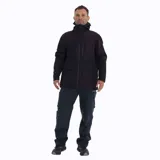 Campera impermeable negra con capucha, cierre frontal y bolsillos con cierre. Ideal para actividades al aire libre.