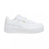 Championes Puma Runtamed Platform de color blanco, con diseño de plataforma, cierre de cordones y logo de la marca en dorado en el lateral.
