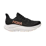Championes de running Hoka Clifton 10, color negro con detalles en rosado y suela blanca. Presentan un diseño de malla transpirable y entresuela acolchada para mayor amortiguación.