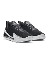 Championes de básquetbol Under Armour Curry 12, modelo Wardell, con parte superior de malla transpirable en color negro y suela de tecnología UA Flow de doble densidad en color blanco con detalles moteados. Presenta contrafuerte de TPU en el talón y diseño ergonómico para mayor soporte y estabilidad en la cancha.