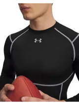 Remera térmica de compresión Under Armour, manga larga, color negro con costuras reforzadas en color gris. Presenta cuello redondo y logo de la marca en el pecho.