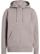 Buzo con capucha color lila, con cierre frontal completo, cordones ajustables en la capucha, bolsillos laterales y puños y dobladillo acanalados.