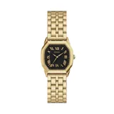 Reloj Fossil Harlow para mujer, con caja octogonal dorada de 27mm y esfera negra con números romanos dorados. La correa es de acero inoxidable dorada y el cierre es desplegable. Resistente a salpicaduras.