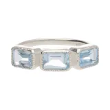 Anillo de plata 925 con tres topacios azules rectangulares engarzados.