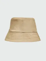 Gorro tipo bucket de algodón color beige, con diseño clásico de ala corta y logo de la marca aplicado en el frente.