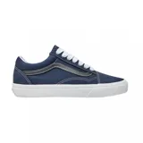 Championes Vans modelo Old Skool, de color azul marino con la icónica franja lateral en gris. Presentan cordones blancos, suela de goma blanca con la característica textura waffle y costuras reforzadas en contraste.