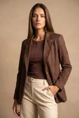Blazer de gamuza sintética color marrón, con solapas clásicas, cierre frontal de dos botones y bolsillos laterales con solapa.