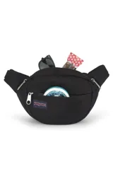 Riñonera negra de la marca JanSport, modelo Fifth Avenue, con parche frontal de la marca y cierres metálicos.