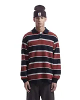 Camisa tipo rugby de manga larga Carhartt, con diseño a rayas horizontales en tonos bordó, negro y blanco. Presenta cuello tipo polo en color negro con cierre de botones y puños elásticos.