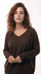 Sweater de tejido de punto fino color tostado, con cuello en V, mangas largas con puños acanalados y diseño de calce relajado.