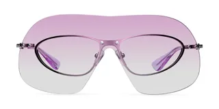 Lentes de sol Meller modelo Project 03 Pink, de diseño futurista estilo máscara envolvente con montura metálica plateada y lentes degradados en tono rosado.