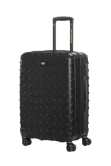 Maleta rígida Caterpillar de 24 pulgadas, color negro con diseño texturizado. Cuenta con cerradura TSA, sistema giratorio de 8 ruedas, bolsillo de malla con cremallera y correas elásticas en el interior.