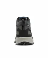 Championes de senderismo de media caña Columbia, color gris con detalles en azul y negro. Confeccionados con tecnología OutDry impermeable y transpirable, sistema Navic Fit para mayor estabilidad y entresuela TechLite+ para amortiguación. Suela Adapt Trax con tracción excepcional para terrenos secos o mojados.