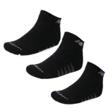 Medias deportivas tipo quarter de color negro con detalles en gris, incluyendo el logo de la marca en el tobillo y en la puntera.