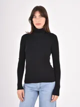 Polera de tejido de punto fino, con cuello alto doblado y mangas largas. Presenta un diseño ajustado al cuerpo con terminaciones acanaladas en puños y ruedo.