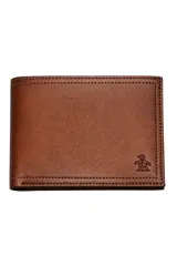 Billetera plegable de cuero color marrón, con costuras reforzadas en los bordes y logo de la marca grabado en la esquina inferior derecha.