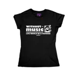 Remera negra de corte entallado y manga corta, con cuello redondo y estampado frontal en color blanco con la frase "Without music life would be a mistake" y un diseño ilustrado.