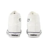 Zapatillas de lona blanca con caña alta, forro de algodón blanco, plantilla extraíble de caucho moldeado y base textil, cordones de algodón blanco, suela de caucho vulcanizado de alta resistencia, contrafuerte y buepe de caucho.