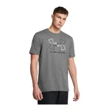Remera de manga corta Under Armour, color gris, con cuello redondo acanalado y estampado gráfico del logo de la marca en el frente.