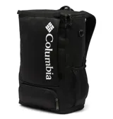 Mochila urbana Columbia de 30 litros, color negro con logo estampado en blanco. Cuenta con compartimento principal con cierre, funda interna acolchada para laptop de hasta 13 pulgadas, bolsillos laterales para botellas, panel trasero acolchado y correas ajustables.