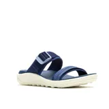 Sandalia deportiva Merrell de diseño ergonómico, con tiras de malla y cincha en color azul marino. Cuenta con cierre de hebilla ajustable, plantilla de espuma EVA integrada y entresuela ligera para mayor estabilidad.