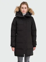 Campera negra acolchada con capucha y ribete de piel. Cierre frontal con botones a presión y bolsillos laterales.